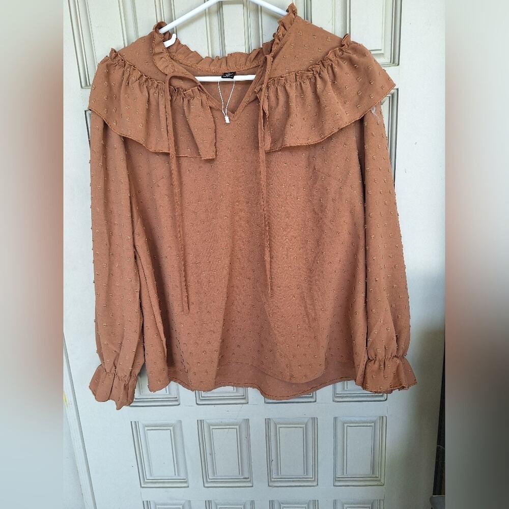 Shein Curve SzOXL Robin Hood Blouse Earth Brn Long Sleeves Dbl Ruffle Yoke/Cuffs